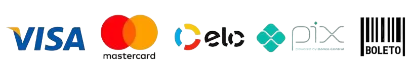 Formas de pagamento: Visa, Mastercard, Elo, PIX, Boleto